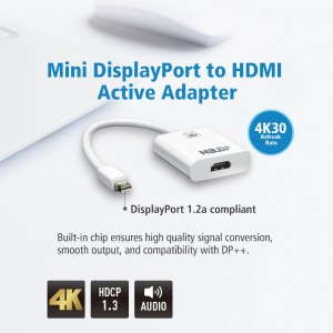 Aten 4K Mini DisplayPort to HDMI Active Adapter, Supports VGA, SVGA, XGA, SXGA, UXGA, 1080p and resolutions up to 4K UHD, Supports AMD Eyefinity
