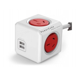 ALLOCACOC POWERCUBE Extended 4 Outlets Power Board with 2 USB 3 Meter Extension Cor - Red (LS)
